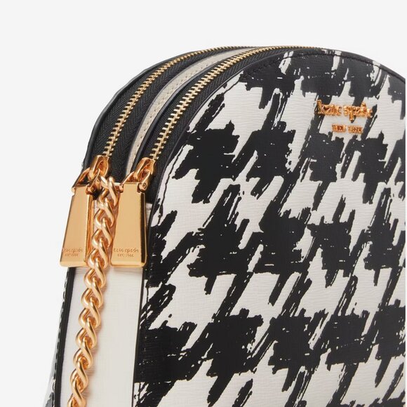 Kate Spade Morgan Painterly Houndstooth Double Zip Dome Crossbody - Black White - Picture 7 of 7